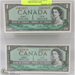 LOT OF 2 CANADIAN 1954 BILLS WITH SEQUENTIAL S/N'S