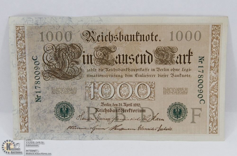 GERMAN UNCIRCULATED 1000 MARK 1910 BANK NOTE.