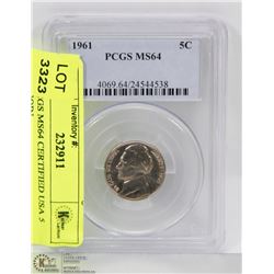 1961 PCGS MS64 CERTIFIED USA 5 CENT COIN.