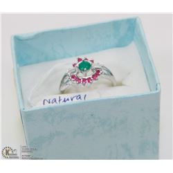 113) NATURAL RUBY ,EMERALD AND CUBIC ZIRCONIA RING