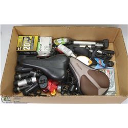 LARGE FLAT OF BIKE PARTS INCL TUBES, AIR PUMPS,