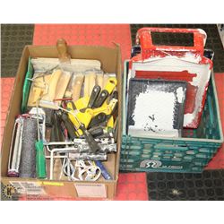 LARGE FLAT OF PAINTING TOOLS AND MILK CRATE WITH