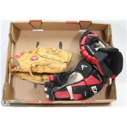 BOX W HOCKEY AND LEATHER BASEBALL GLOVE