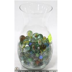 GLASS VASE W/LOTS OF VINTAGE MARBLES