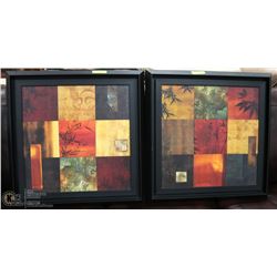 SET OF 2 WOOD FRAMED COLLAGE ABSTRACT