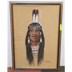 8) MEDICINE WOMAN ON BURLAP, PINK FEATHER TAIL