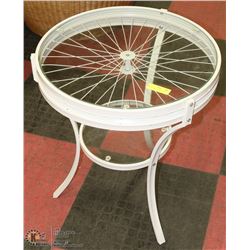 ROUND WHEEL GLASS END TABLE