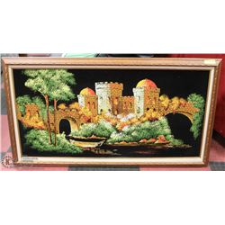 VELVET PAINTING FRAMED MEDIEVAL CASTLE.