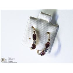 3) 9KT GOLD GARNET & DIAMOND HOOP EARRINGS