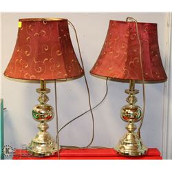 2 BURGUNDY SHADED LAMPS.
