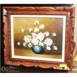 FLORAL OIL PAINTING SIGNED BORG WITH RED WOOD