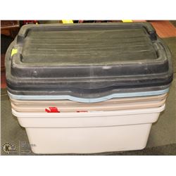 LOT OF 4- 114L LARGE RUBBERMAID TOTES WITH LIDS.