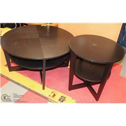 BLACK WOOD ROUND COFFEE TABLE AND END TABLE