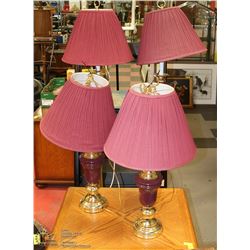 4PC BURGUNDY AND BRASS LAMP SET INCL 2 TABLE & 2