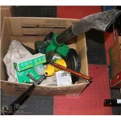 BOX OF YARD EQUIPMENT INCL BLOWER, HEDGE TRIMMER,