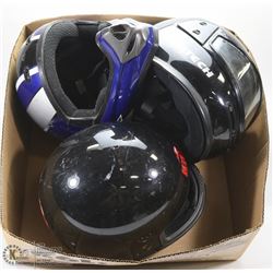 FLAT OF 3 MOTORCYCLE HELMETS.