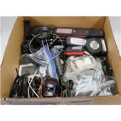 LARGE FLAT OF FLASHLIGHTS, HEADPHONES, SUNGLASSES,