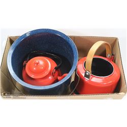 BOX WITH ENAMEL POT & KETTLES