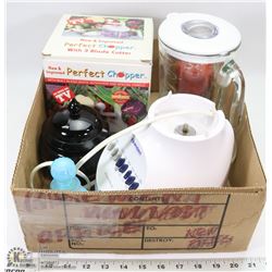 BOX OF ASSORTED ITEMS INCL MIXER, PERFECT CHOPPER,