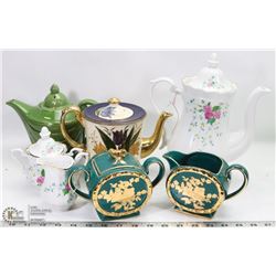 BOX OF VINTAGE TEAPOTS, COFFEE POT, CREAM & SUGAR