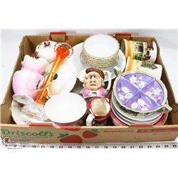 FLAT OF MISC, SMALL TOBY MUGS, FIRE KING & OLD