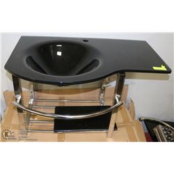 WALL MOUNT VANITY, STAINLESS WITH BLACK GLASS TOP