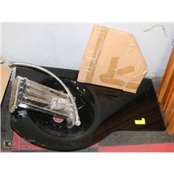 WALL MOUNT VANITY, STAINLESS WITH BLACK GLASS TOP