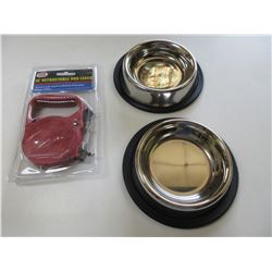New Pet Bundle / 2 stainless non skid Bowls / 10ft Retractable Leash