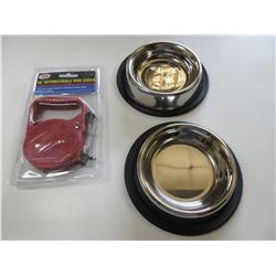 New Pet Bundle / 2 stainless non skid Bowls / 10ft Retractable Leash