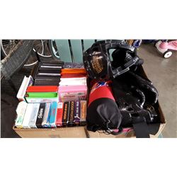 BOX OF DVDS, KIDS MOVIES, AND BOX OF MARTIAL ARTS PADS