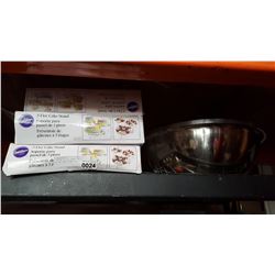 7 METAL MIXING BOWLS AND 3 WILTON CAKE STAND SETS