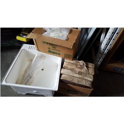 PVC WASH TUB AND BOX OF PLASTIC FORKS AND BASEBALL BASES