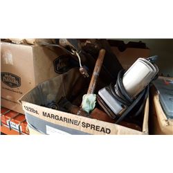 VINTAGE BLOW TORCH AND BOX OF HAND TOOLS