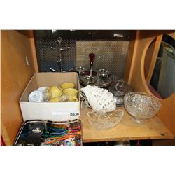 SHELF LOT OF SILVER PLATE CRYSTAL AND ENGLISH COFFEE MUGS ETC