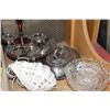 Image 2 : SHELF LOT OF SILVER PLATE CRYSTAL AND ENGLISH COFFEE MUGS ETC