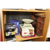 Image 1 : SHELF LOT OF SALTER SCALES AND NEW BOXED ITEMS AND CURIO CABINET