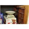 Image 2 : SHELF LOT OF SALTER SCALES AND NEW BOXED ITEMS AND CURIO CABINET