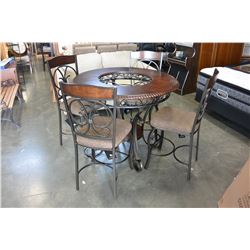 NEW ASHLEY SIGNATURE DESIGN ROUND MAHOGANY COUNTER HEIGHT DINING TABLE WITH 4 UPHOLSTERED BAR STOOLS