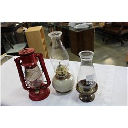 TWO POTTERY LAMPS AND LANTERN