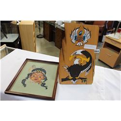 NATIVE PAINTED SLAB WOOD PICTURE AND NEEDLEWORK PICTURE