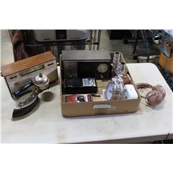 BOX OF VINTAGE TRANSITTTER RADIOS CLOCKS AND ANTIQUE IRON