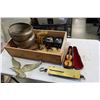 Image 1 : WOOD CRATE, BRASS PLANTER, AND FIGURES