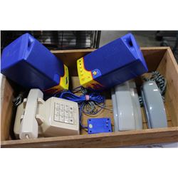 WOOD CRATE, VINTAGE PHONES, AND HOT WHEEL SPEAKERS