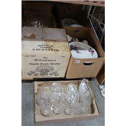 3 BOXES OF DISHES AND GLASSES HG ENGLISH IRONSTONE WARE AND MORE