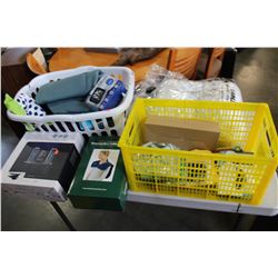 CRATE AND HAMPER OF BEDDING AND ELECTRONICS