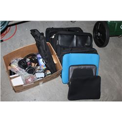 BOX OF LOST PROPERTY ITEMS, HEADPHONES, TRIPOD, LAPTOP BAGS ETC