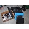 Image 1 : BOX OF LOST PROPERTY ITEMS, HEADPHONES, TRIPOD, LAPTOP BAGS ETC