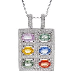 14KT White Gold 3.60ctw Multi Color Sapphire and Diamond Pendant with Chain