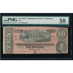 1864 $10 Confederate States of America Note PMG 58