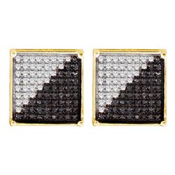 0.33 CTW Mens Black Color Diamond Square Cluster Earrings 10KT Yellow Gold - REF-18Y2X